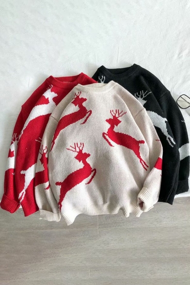 Stylish Mens Sweater Elk Pattern Long-sleeved Round Neck Loose Fit Sweater