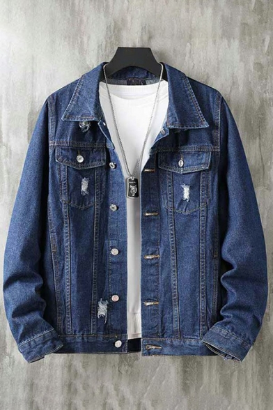 Trendy Mens Denim Jacket Pure Color Long-Sleeved Spread Collar Distressed Button Closure Relaxed Denim Jacket