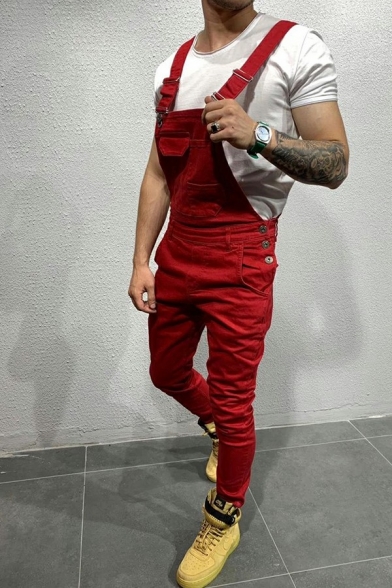 Trendy Overalls Chest Pocket Pure Color Sleeveless Regular Fitted Long Overalls for Men