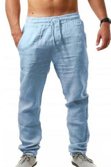 Unique Pants Pure Color Pocket Detailed Elastic Waist Long Length Relaxed Fit Pants for Guys
