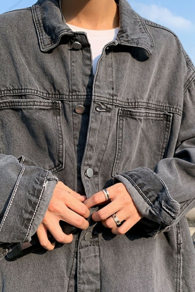 Urban Mens Jacket Solid Flap Pocket Turn-down Collar Long Sleeve Loose Fit Denim Jacket