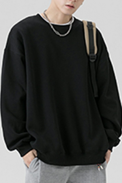 Basic Mens Sweatshirts Plain Color Long Sleeve Crew Neck Rib Cuffs Relaxed Fitted Hoody