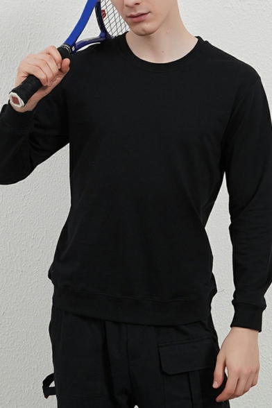 Casual Sweatshirts Pure Color Long-Sleeved Crew Neck Rib Cuffs Regular Fitted Sweatshirts for Men