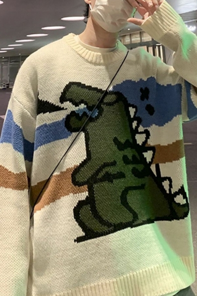 Chic Sweater Cartoon Dinosaur Patterned Round Neck Long Sleeve Relaxed Sweater for Guys