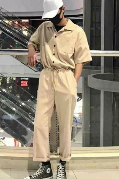 Cool Guy's Jumpsuit Solid Color Button down Half Sleeves Straight-Leg Jumpsuit