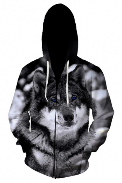 Cool Mens Hoodie 3D Wolf Pattern Long Sleeves Relaxed Fitted Drawstring Hooded Hoodie