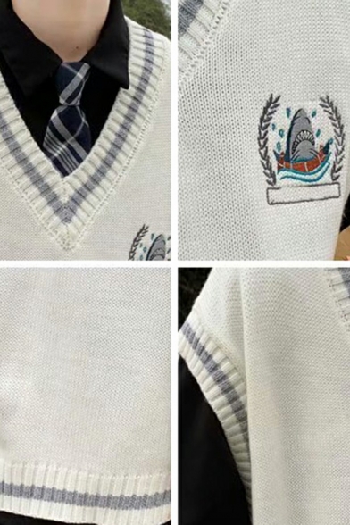 Fancy Mens Knit Vest Logo Pattern Color Block Trim V-Neck Sleeveless Relaxed Fit Knit Vest