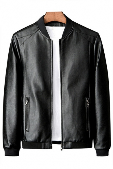 Fashion Leather Jacket Contrast Trim Zip Designed Long Sleeve Slim Fit Leather Jacket for Guys