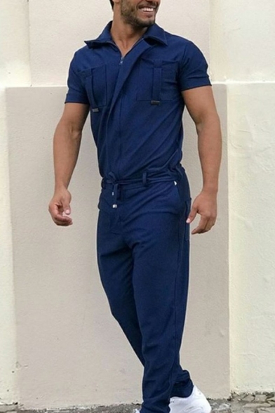 Fashionable Mens Jumpsuit Pure Color Zip Placket Short Sleeves Full Length Fit Jumpsuit