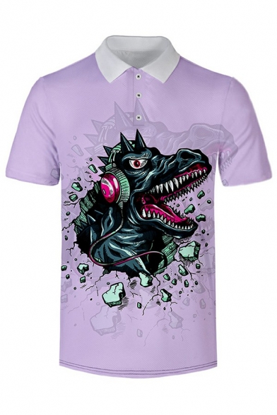 Fashionable Mens Polo Shirt Dinosaur Printed Short Sleeves Collar Button Up Polo Shirt