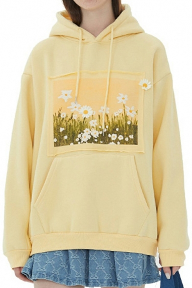 Fundy Hoodie Drawstring Flowers Front Pocket Long-Sleeved Regular Fit Hooded Sweatshirt