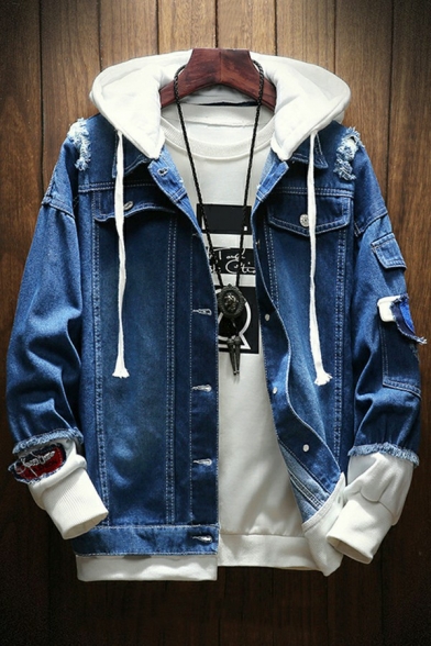 Guy's Freestyle Jacket Fake Two Piece Pocket Designed Turn-down Collar Relaxed Hooded Denim Jacket