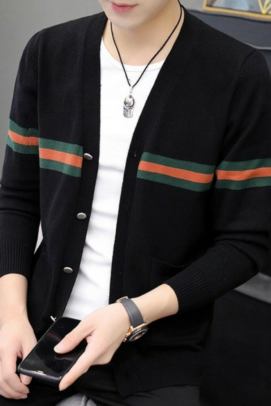 Guys Edgy Cardigan Contrast Color V-Neck Button Up Pocket Detail Long-sleeved Regular Cardigan