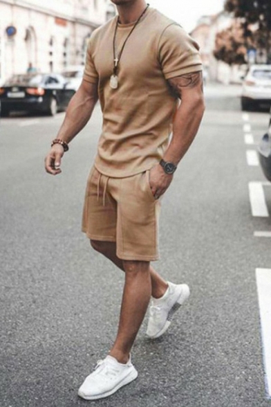 Men Boyish Two Piece Set Solid Color Round Neck Drawcord Short Sleeve Shorts Baggy Two Piece Set