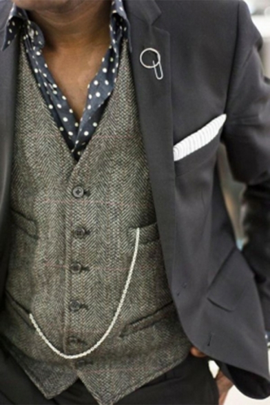 Men Formal Suit Vest Pure Color V-Neck Button Closure Pocket Fitted Suit Vest