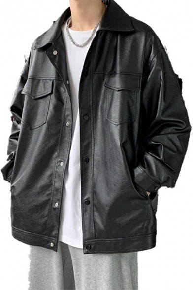 Men's Classic Leather Jacket Pure Color Long-sleeved Button-up Loose Leather Jacket