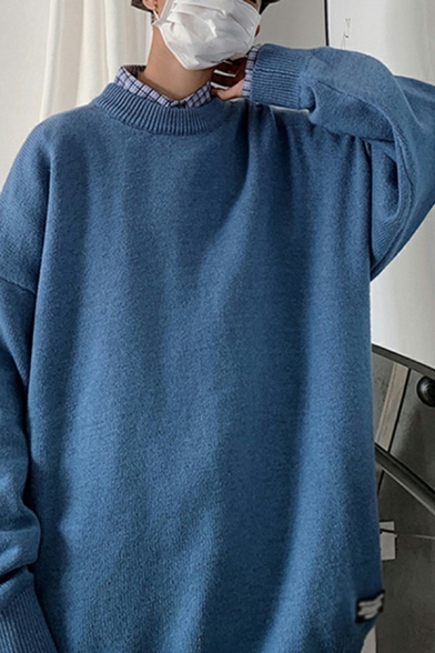 Men Sportive Sweater Pure Color Baggy Long-sleeved Round Neck Sweater