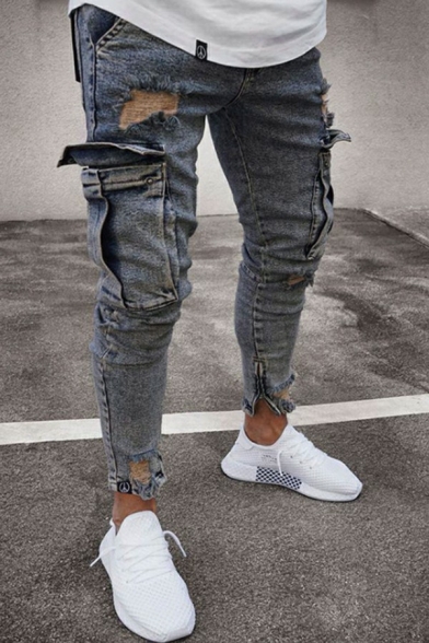 Men Street Style Denim Pants Plain Zip Fly Flap Pocket Slim Fitted Denim Pants