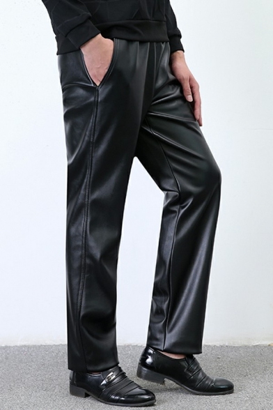 Men Vintage Drawstring Pants Pure Color Pocket Detail Elastic Waist Slim Fitted Pants