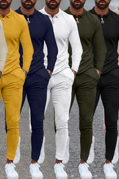 Mens Elegant Set Pure Color Long-Sleeved Zip Detail Slim Fitted Polo Shirt & Pants Set