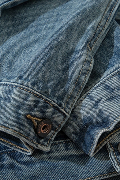 Mens Unique Jacket Chest Pocket Button Placket Turn-Down Collar Loose Denim Jacket