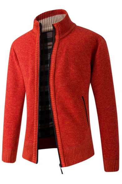 Mens Warm Cardigan Pure Color Long-Sleeved Stand Collar Zip Closure Relaxed Fit Cardigan