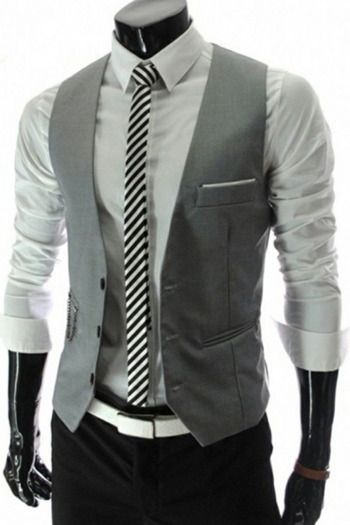 Novelty Mens Suit Vest Plain Chain Decorated V-Neck Sleeveless Skinny Button-up Suit Vest