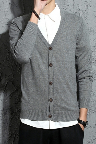 Popular Men's Cardigan Whole Colored Button Up V-Neck Long Sleeve Rib Cuffs Cardigan