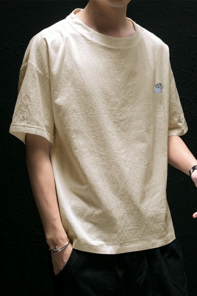 Simple Guys T-Shirt Figure Print Round Neck Short Sleeves Loose Fitted T-Shirt