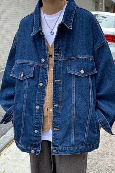 Simple Mens Jacket Pure Color Single Breasted Lapel Collar Chest Pockets Relaxed Fitted Denim Jacket