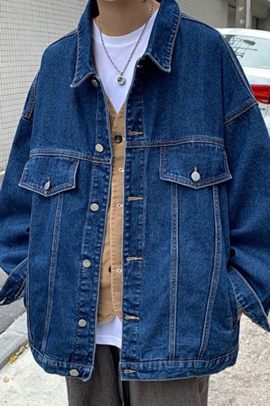 Simple Mens Jacket Pure Color Single Breasted Lapel Collar Chest Pockets Relaxed Fitted Denim Jacket