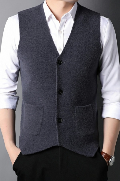 Slouch Guys Vest Whole Colored Button Placket Sleeveless V-Neck Regular Fit Vest