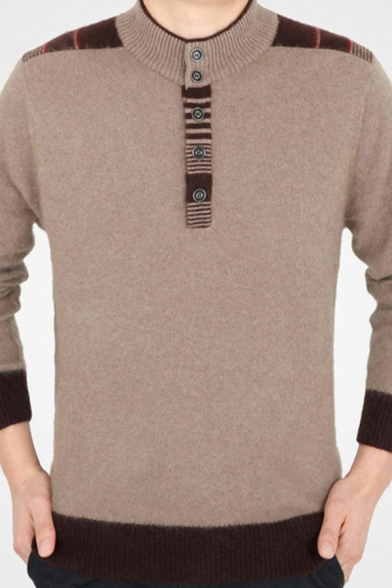 Sporty Mens Sweater Color Block Mock Neck Button Detail Long Sleeves Regular Sweater
