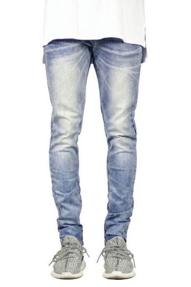 Street Look Jeans Zip Closure Zippered Vent Mid Rise Multi-Pockets Skinny Fit Jeans for Guys