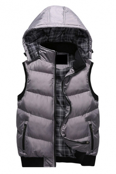 Stylish Mens Vest Pure Color Zipper Pocket Plaid Lined Padded Fitted Hooded Vest