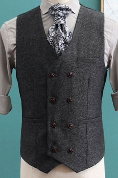 Trendy Mens Vest Plain V-Neck Sleeveless Button Closure Slim Fitted Suit Vest