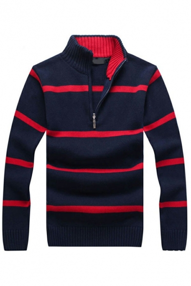 Trendy Sweater Stripe Pattern Long-Sleeved 1/4 Zip Collar Rib Cuffs Regular Fit Sweater for Men