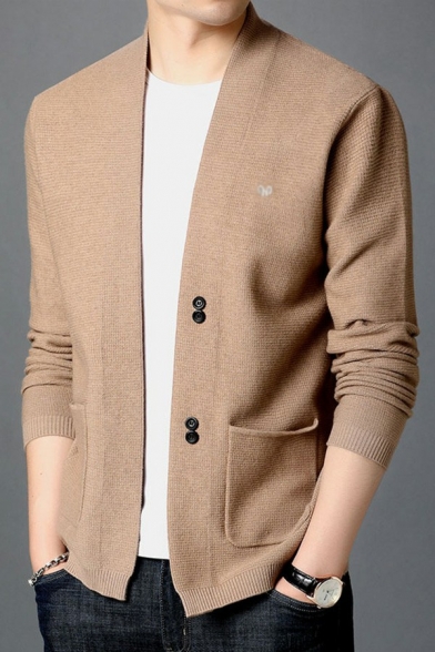 Urban Mens Cardigan Whole Colored Pocket Detailed V Neck Long Sleeve Slimming Button Closure Cardigan