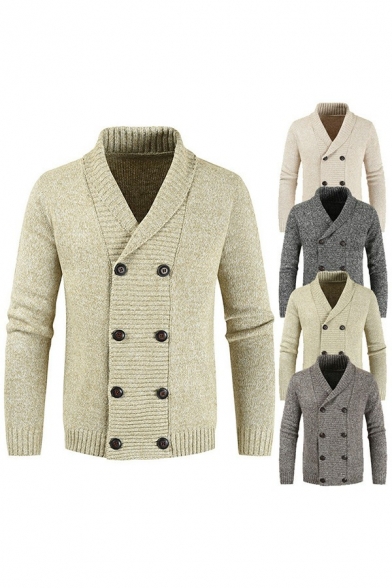 Vintage Mens Knit Cardigan Pure Color Shawl Collar Long-Sleeved Double Breasted Slim Fitted Cardigan