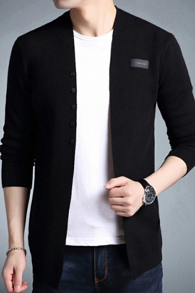Boy's Hot Cardigan Solid Color Label Designed Long Sleeves Slimming Open Front Button Placket Cardigan
