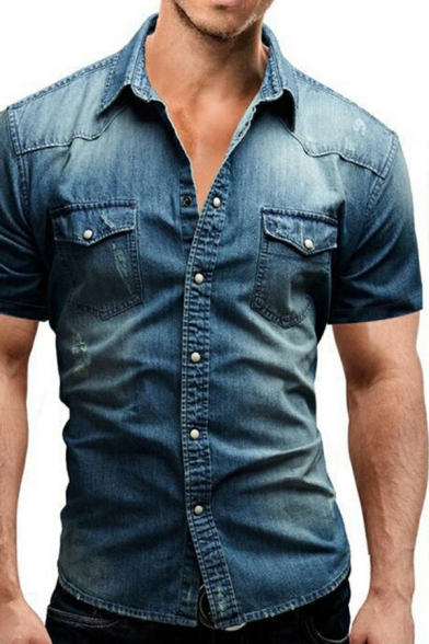 Boy's Unique Shirt Solid Flap Pocket Turn-down Collar Slim Short Sleeve Button-up Denim Shirt