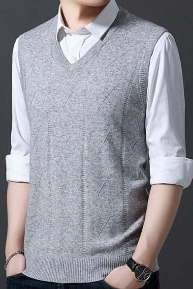 Casual Knit Vest Pure Color Rib-Knitted V-Neck Sleeveless Slim Fitted Knit Vest for Men
