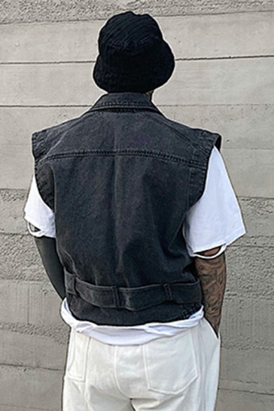 Casual Mens Denim Vest Solid Color Button Closure Pockets Detail Regular Fit Vest