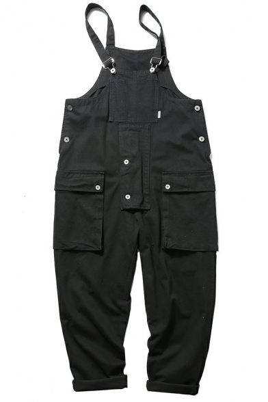 Casual Overalls Pure Color Big Pocket Sleeveless Wide Leg Overalls for Men
