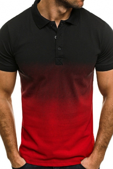 Comfortable Polo Shirt Ombre Print Collar 1/4 Button Short Sleeves Fitted Polo Shirt for Guys