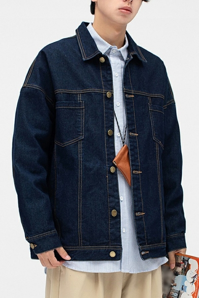 Cool Jacket Solid Color Button Embellished Pocket Relaxed Fit Long Sleeves Denim Jacket for Men