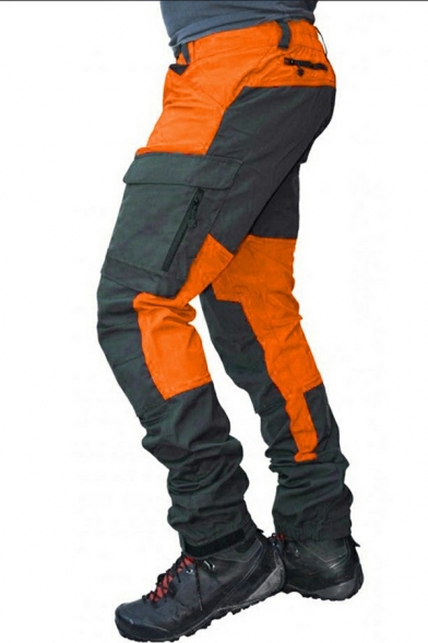 Cool Mens Pants Contrast Color Patchwork Multi-Pocket Zip Placket Fit Cargo Pants