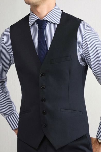 Creative Blazer Vest Pure Color V-Neck Sleeveless Skinny Button Down Suit Vest for Men