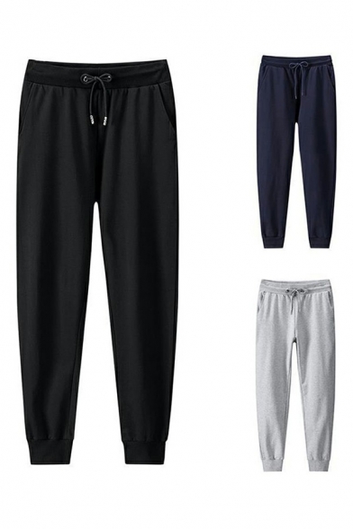 Dashing Mens Drawstring Pants Pure Color Ankle Length Mid-Rised Tapered Fit Elastic Waist Pants