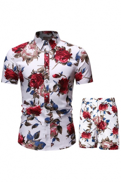 Formal Mens Set Floral Printed Button Placket Short Sleeve Shirt Shorts Fitted Set